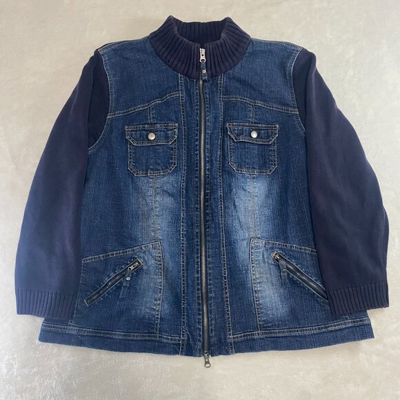 Vintage Cotton Ginny Mock Neck Knit Denim Jean Jacket Size Medium Plus - Picture 1 of 10